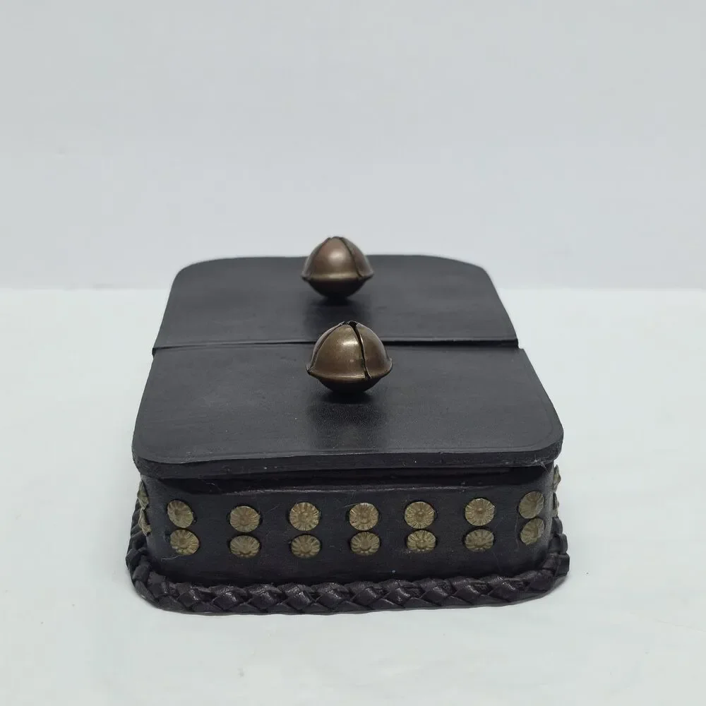 VTG Poland Studded Leather Double Deck Playing Card Box Holder With Bells MCM